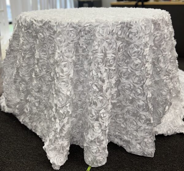 120" Round White Rossette Tablecloth